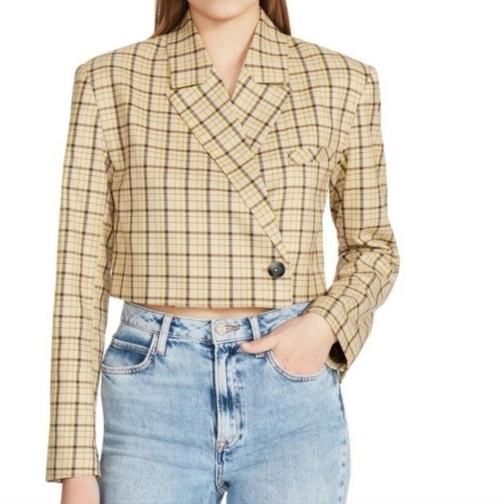 Steve Madden Rubi Plaid Cropped Blazer Yellow Large Clueless Fall schoolcore
